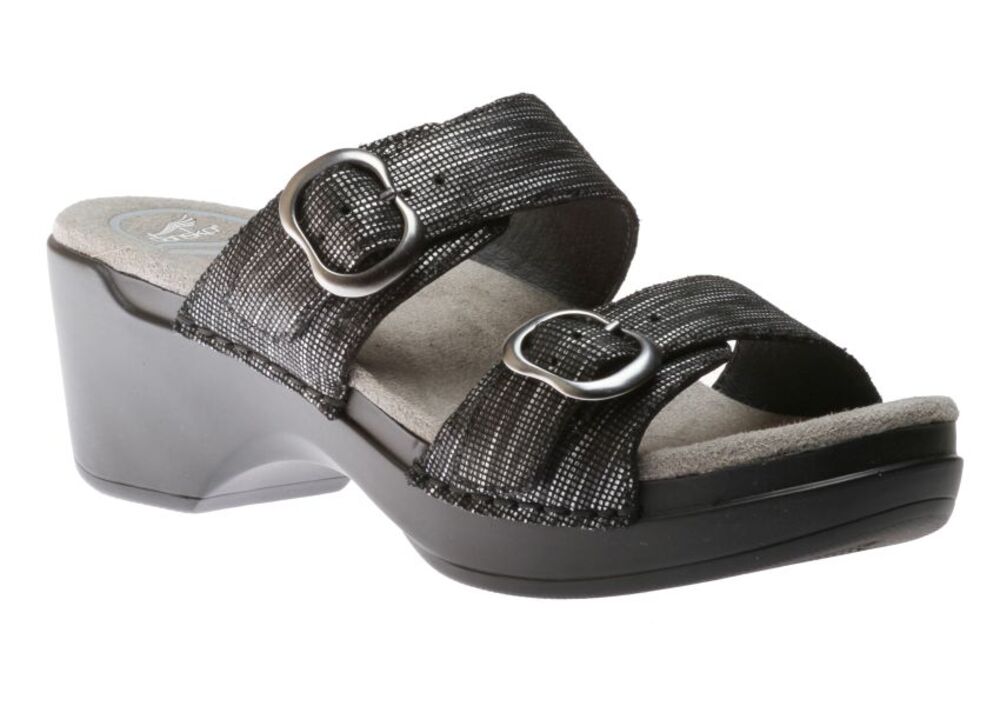 Dansko Sophie Sandals Leather Wedge Dual Strap Rocker Dri-Lex Metallic Black 8